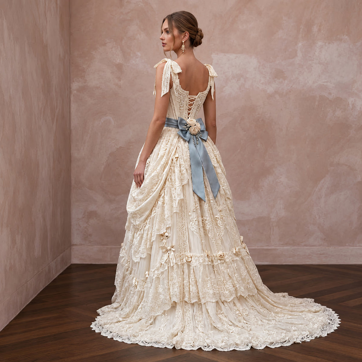 Rococo-Inspired Antique Lace & Ribbon Bridal Gown for Themed Photoshoot