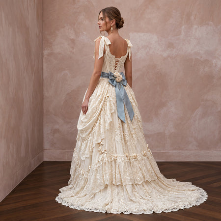 Rococo-Inspired Antique Lace & Ribbon Bridal Gown for Themed Photoshoot