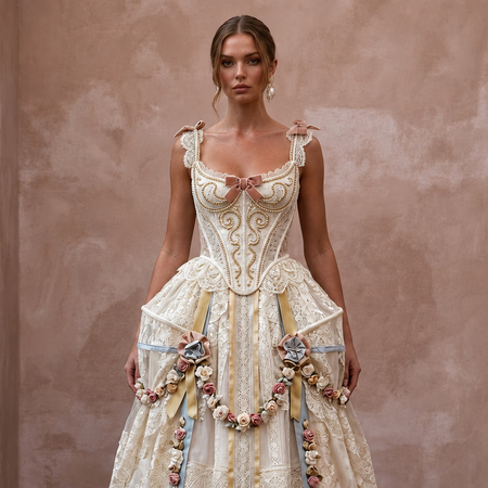 Rococo - Inspired Antique Lace & Ribbon Gown for Themed Photoshoot - Apparel & Accessories > Clothing > Wedding & Bridal Party Dresses > Wedding Dresses - Mignonette Bridal