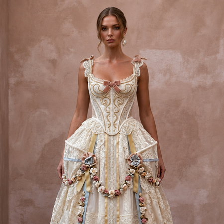 Rococo-Inspired Antique Lace & Ribbon Gown for Themed Photoshoot