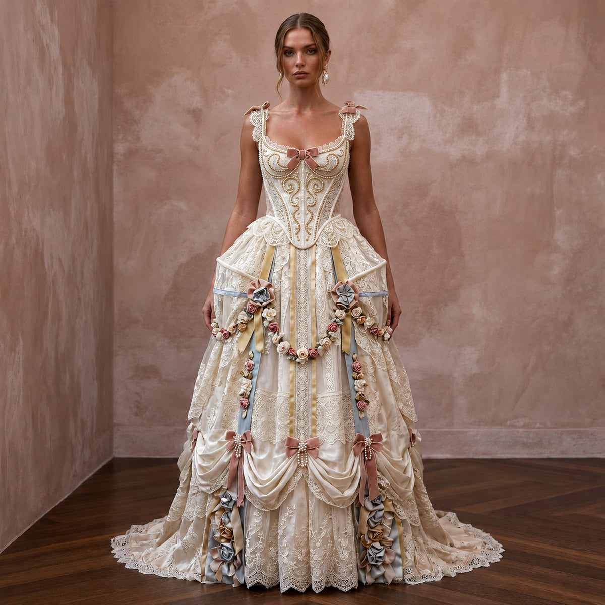 Rococo - Inspired Antique Lace & Ribbon Gown for Themed Photoshoot - Apparel & Accessories > Clothing > Wedding & Bridal Party Dresses > Wedding Dresses - Mignonette Bridal Main image