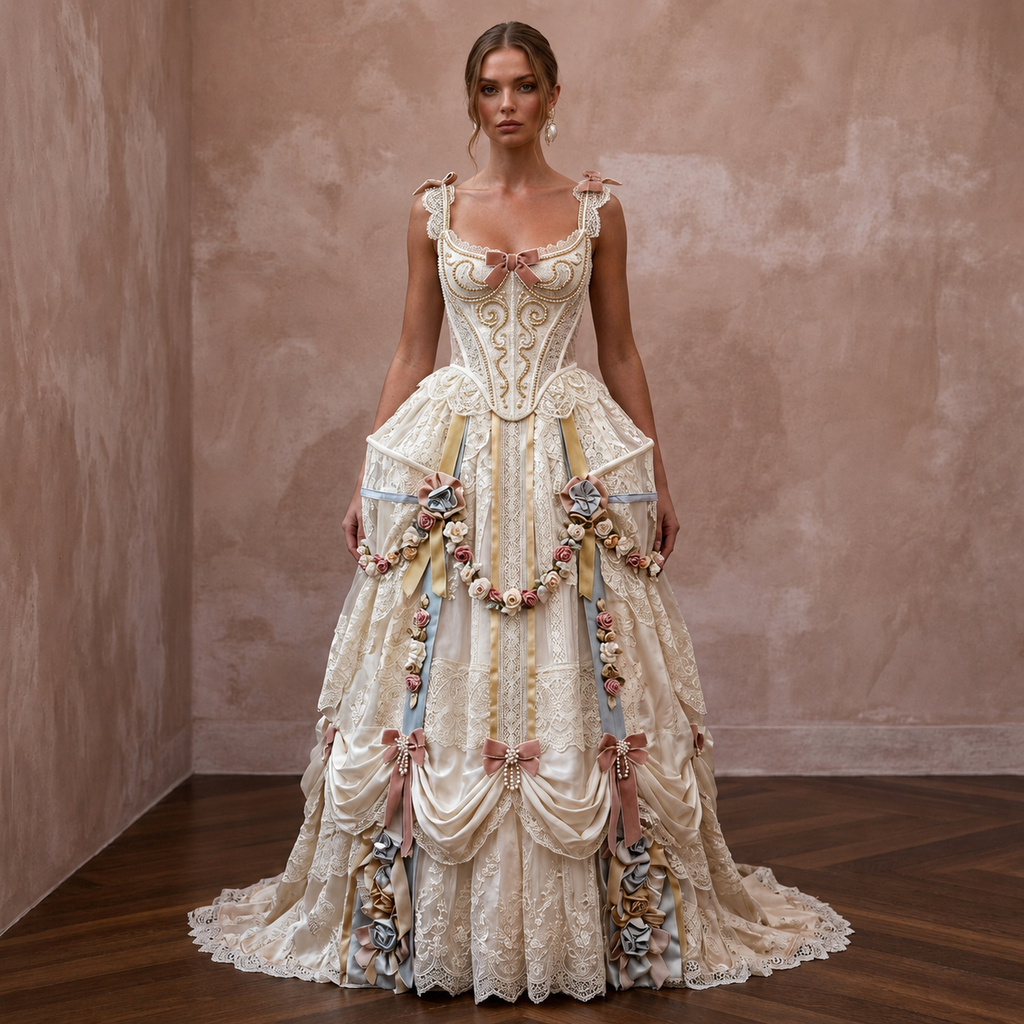 Rococo-Inspired Antique Lace & Ribbon Gown for Themed Photoshoot