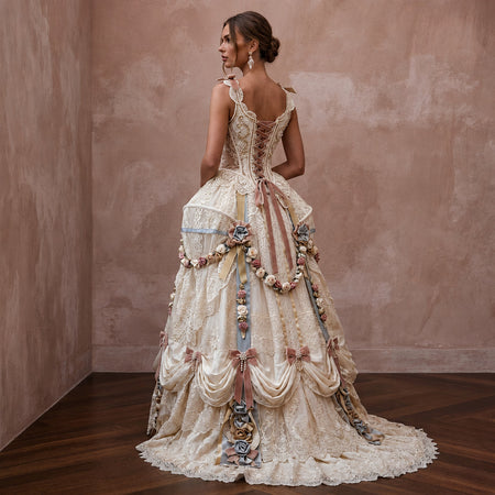 Rococo - Inspired Antique Lace & Ribbon Gown for Themed Photoshoot - Apparel & Accessories > Clothing > Wedding & Bridal Party Dresses > Wedding Dresses - Mignonette Bridal