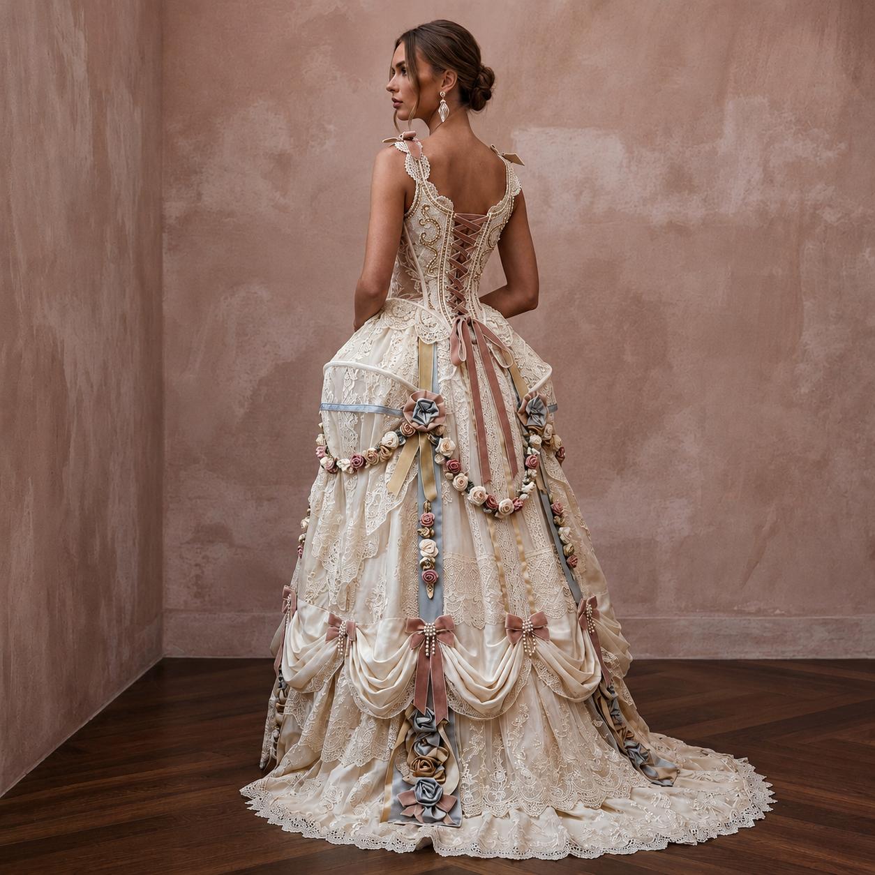 Rococo-Inspired Antique Lace & Ribbon Gown for Themed Photoshoot