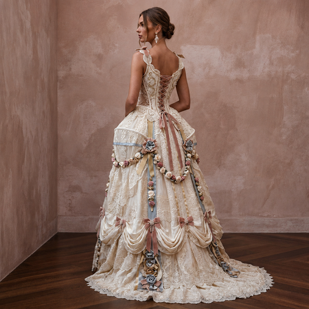 Rococo-Inspired Antique Lace & Ribbon Gown for Themed Photoshoot