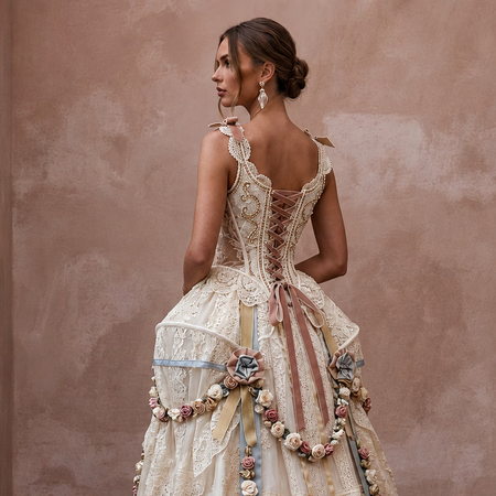 Rococo - Inspired Antique Lace & Ribbon Gown for Themed Photoshoot - Apparel & Accessories > Clothing > Wedding & Bridal Party Dresses > Wedding Dresses - Mignonette Bridal