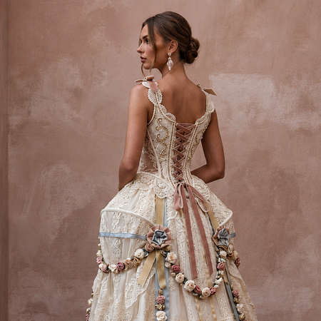 Rococo-Inspired Antique Lace & Ribbon Gown for Themed Photoshoot