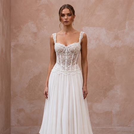 Romantic Beaded Lace Bridal Corset & Chiffon Skirt Set for Engagement