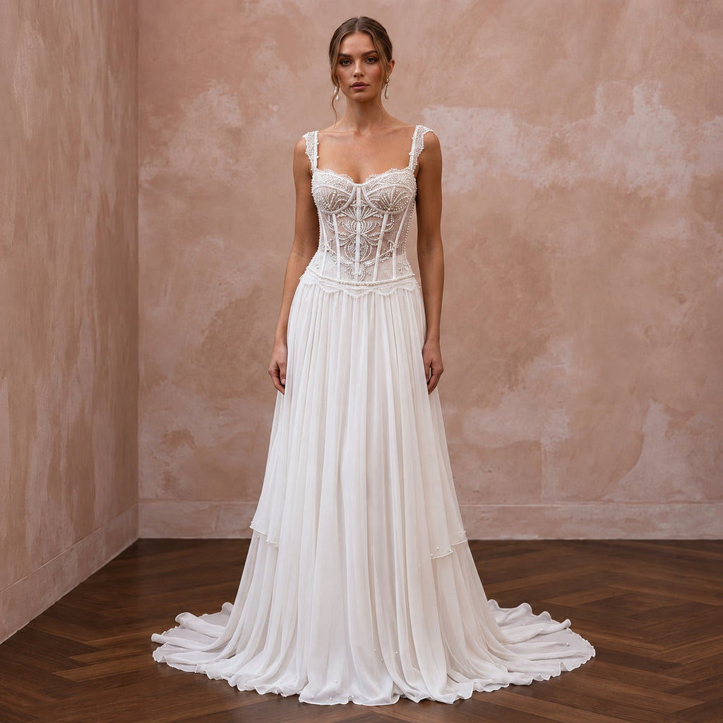 Romantic Beaded Lace Bridal Corset & Chiffon Skirt Set for Engagement