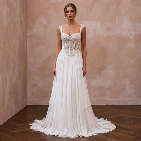 Romantic Beaded Lace Bridal Corset & Chiffon Skirt Set for Engagement