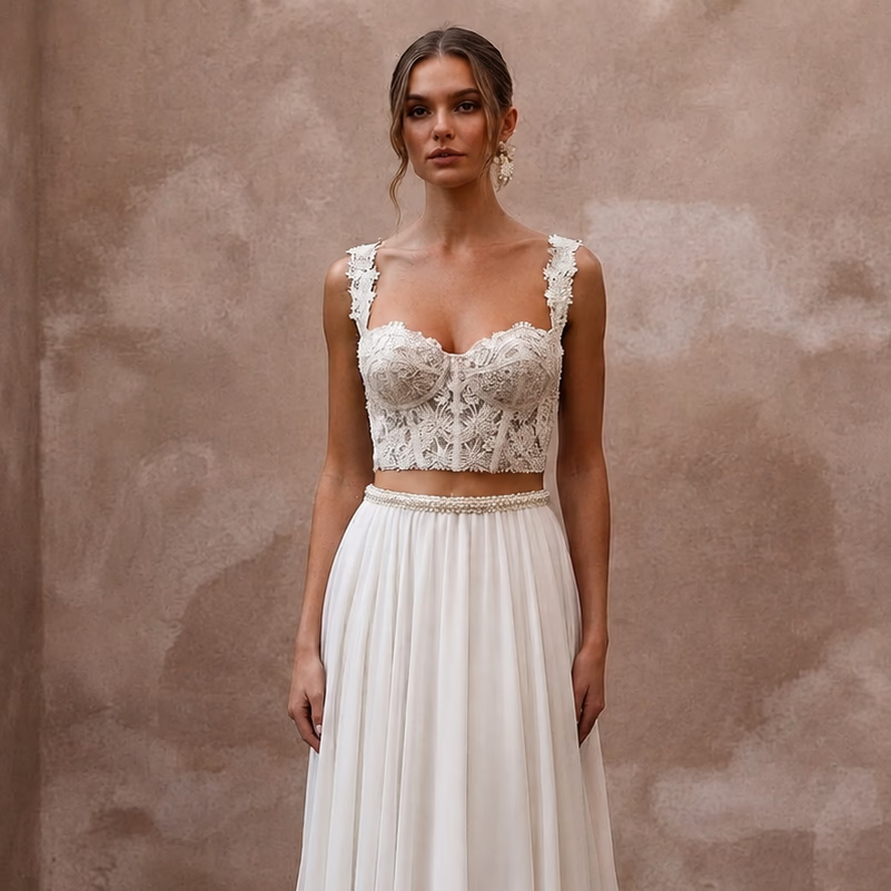 Romantic Beaded Lace Corset & Chiffon Skirt for Engagement - Apparel & Accessories > Clothing > Wedding & Bridal Party Dresses > Wedding Dresses - Mignonette Bridal