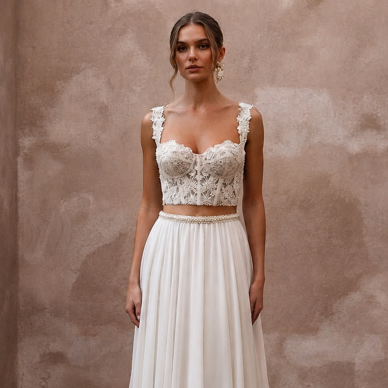 Romantic Beaded Lace Corset & Chiffon Skirt for Engagement