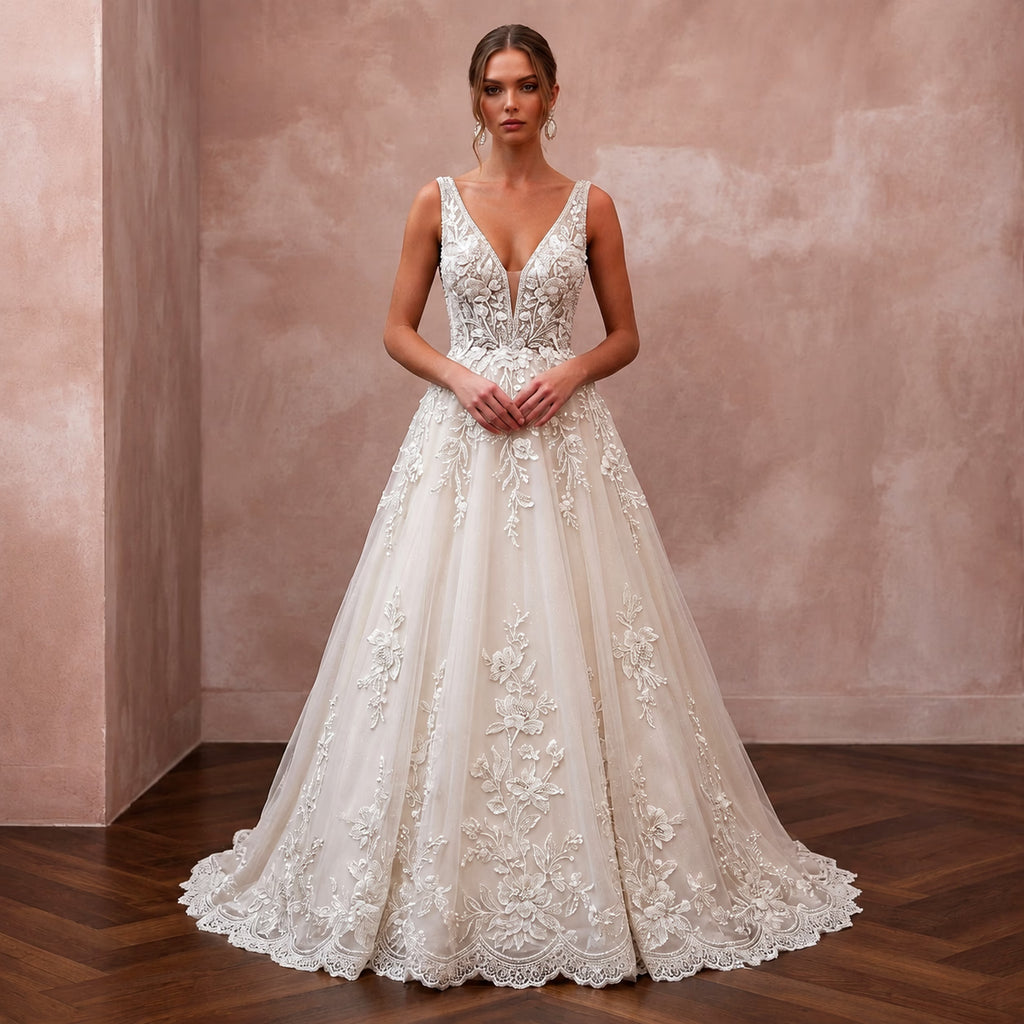 Romantic Beaded Lace Wedding Dress with A-Line Silhouette