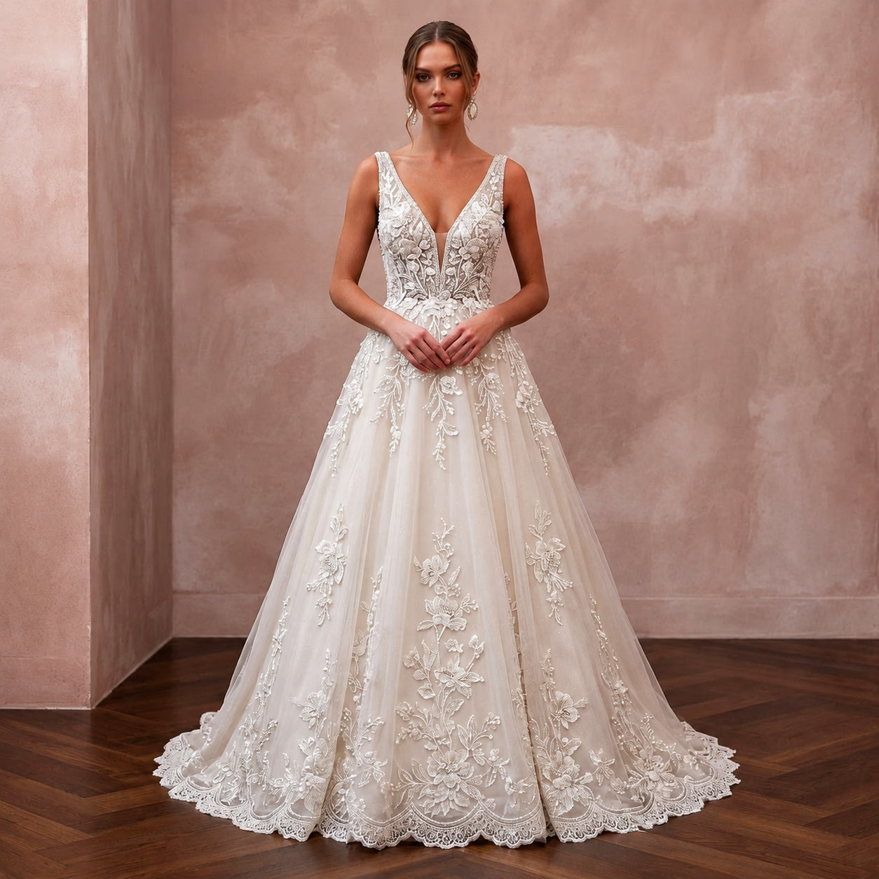Romantic Beaded Lace Wedding Dress with A-Line Silhouette