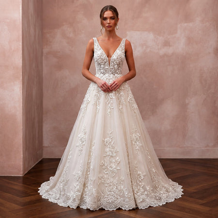 Romantic Beaded Lace Wedding Dress with A-Line Silhouette