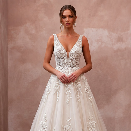 Romantic Beaded Lace Wedding Dress with A-Line Silhouette