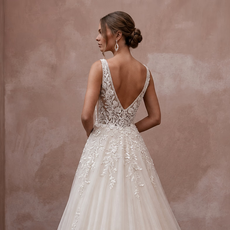 Romantic Beaded Lace Wedding Dress with A-Line Silhouette