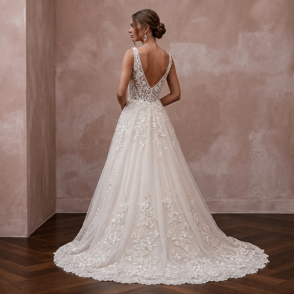 Romantic Beaded Lace Wedding Dress with A-Line Silhouette