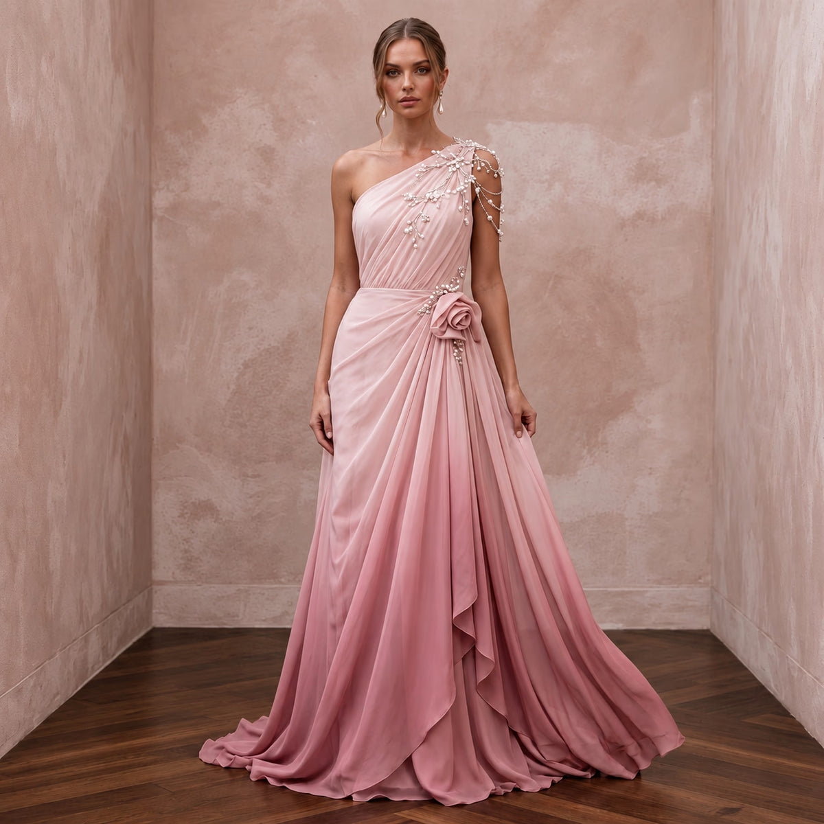 Romantic Blush Ombre Chiffon Asymmetrical One-Shoulder Flowing Dress