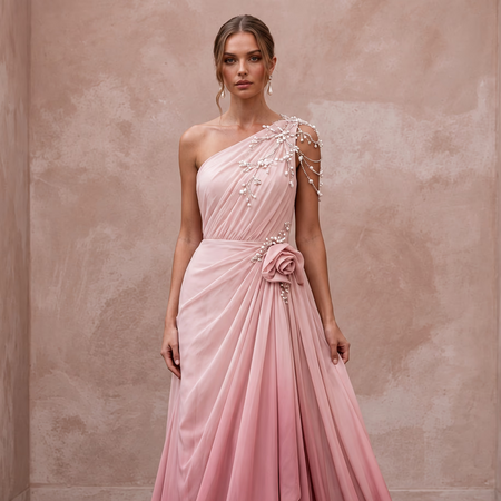 Romantic Blush Ombre Chiffon Asymmetrical One-Shoulder Flowing Dress