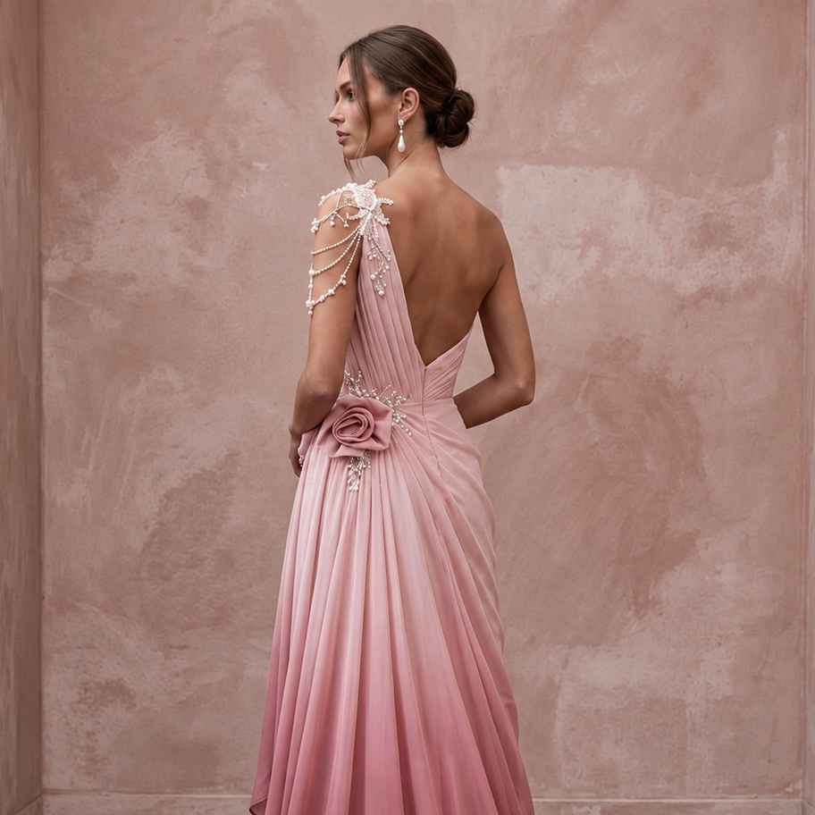 Romantic Blush Ombre Chiffon Asymmetrical One-Shoulder Flowing Dress