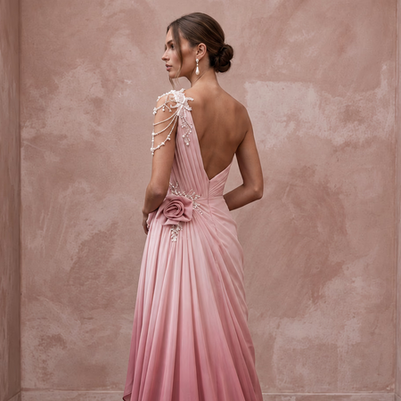 Romantic Blush Ombre Chiffon Asymmetrical One-Shoulder Flowing Dress