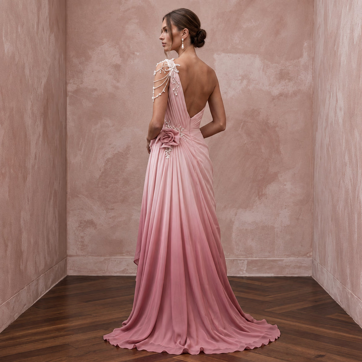 Romantic Blush Ombre Chiffon Asymmetrical One-Shoulder Flowing Dress