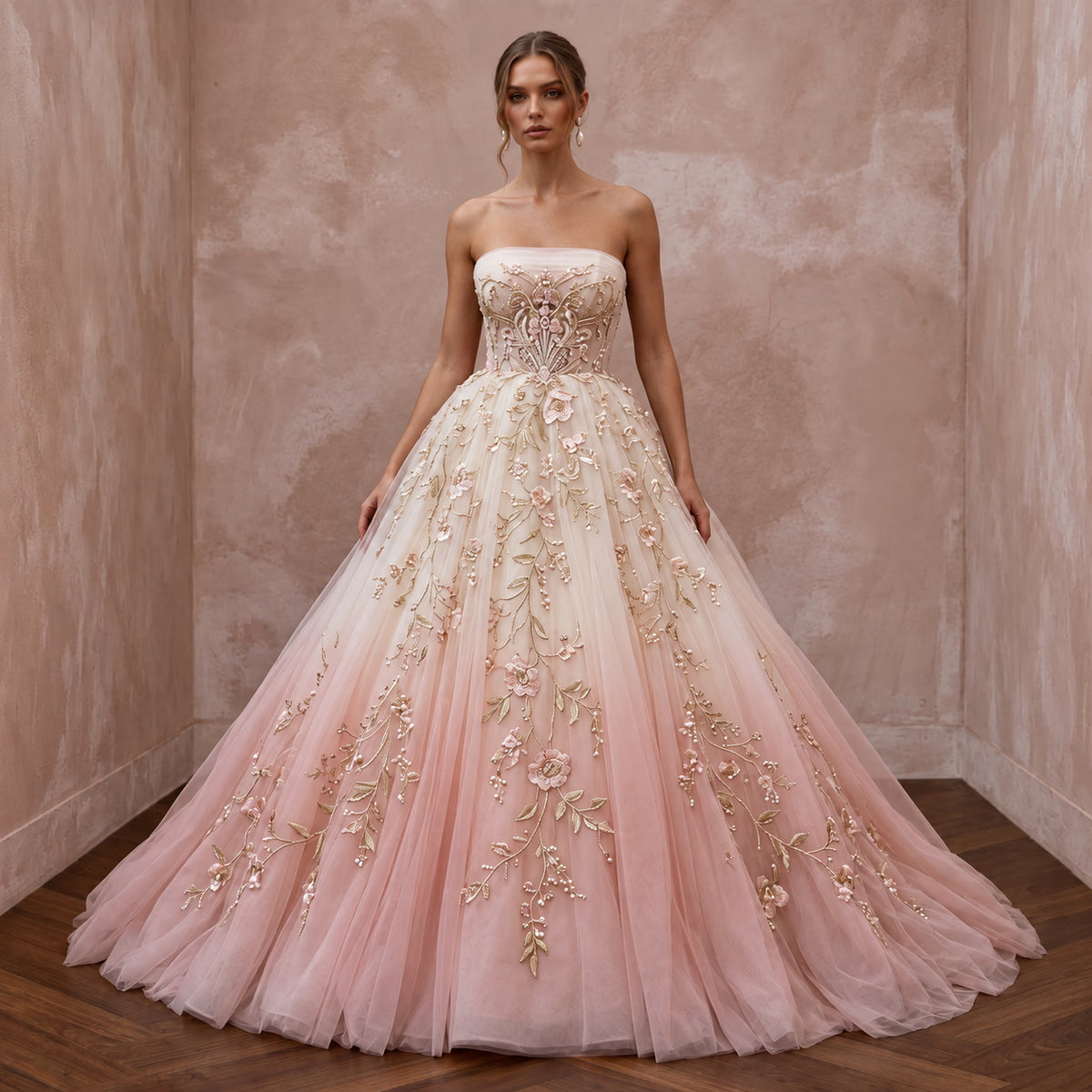 Romantic blush ombre tulle strapless ball gown with floral embroidery, perfect for outdoor ceremonies.