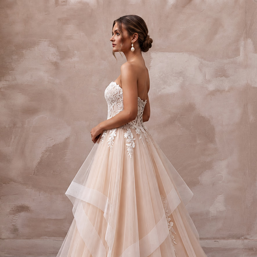 Romantic Blush Ombre Tulle Strapless Ball Gown for Outdoor Ceremony