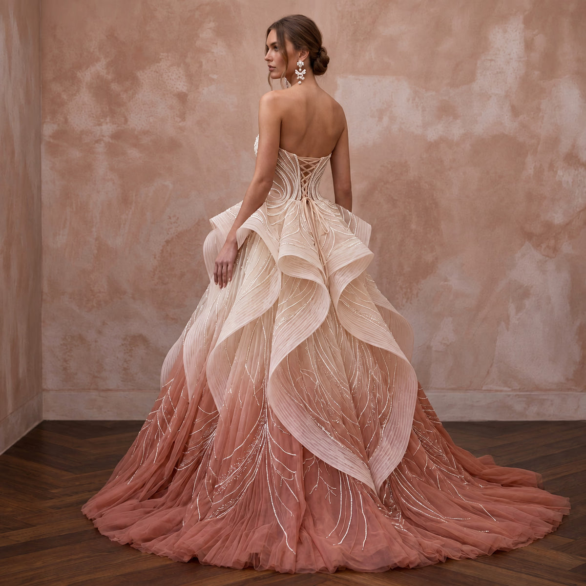 Romantic Blush Ombre Tulle Strapless Ball Gown for Outdoor Ceremony