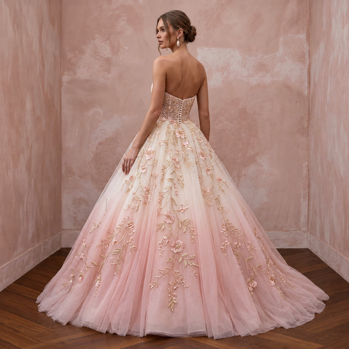 Romantic blush ombre tulle strapless ball gown with floral embroidery, perfect for outdoor ceremonies.