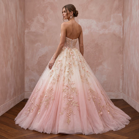Romantic blush ombre tulle strapless ball gown with floral embroidery, perfect for outdoor ceremonies.