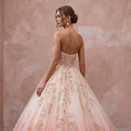 Romantic blush ombre tulle strapless ball gown with floral embroidery, perfect for outdoor ceremonies.