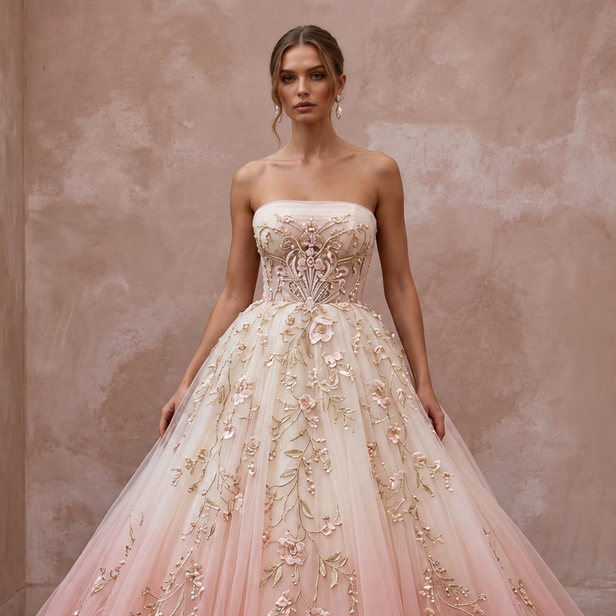Romantic blush ombre tulle strapless ball gown with floral embroidery, perfect for an outdoor ceremony.