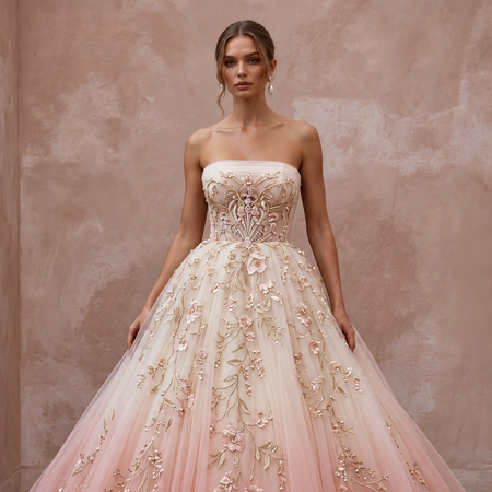 Romantic blush ombre tulle strapless ball gown with floral embroidery, perfect for an outdoor ceremony.