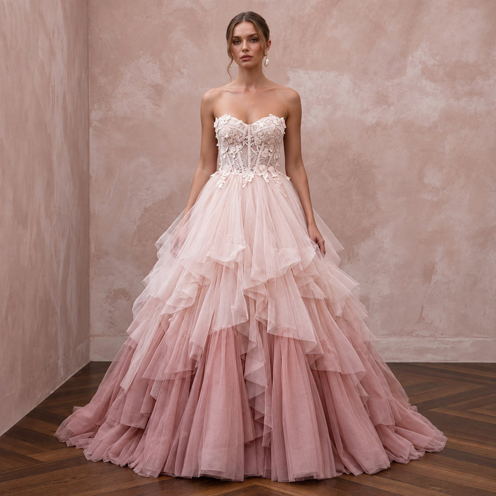 Romantic Blush Ombre Tulle Strapless Ball Gown for Whimsical Ceremony - Apparel & Accessories > Clothing > Wedding & Bridal Party Dresses > Wedding Dresses - Mignonette Bridal