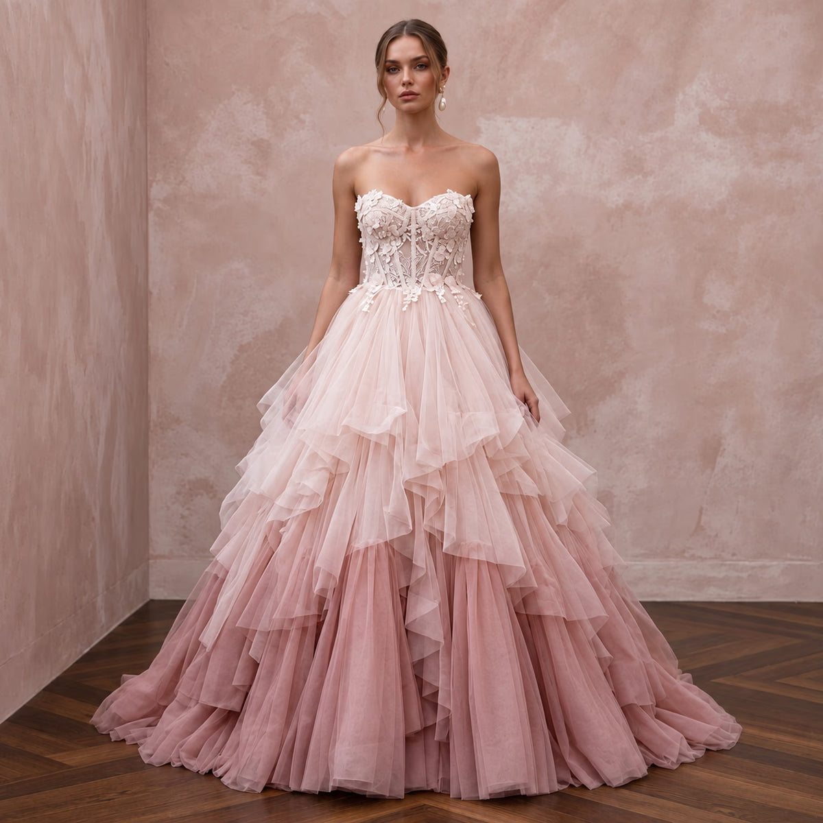 Romantic Blush Ombre Tulle Strapless Ball Gown for Whimsical Ceremony - Apparel & Accessories > Clothing > Wedding & Bridal Party Dresses > Wedding Dresses - Mignonette Bridal