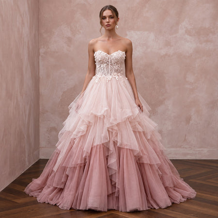 Romantic Blush Ombre Tulle Strapless Ball Gown for Whimsical Ceremony - Apparel & Accessories > Clothing > Wedding & Bridal Party Dresses > Wedding Dresses - Mignonette Bridal