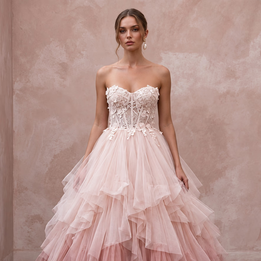 Romantic Blush Ombre Tulle Strapless Ball Gown for Whimsical Ceremony - Apparel & Accessories > Clothing > Wedding & Bridal Party Dresses > Wedding Dresses - Mignonette Bridal