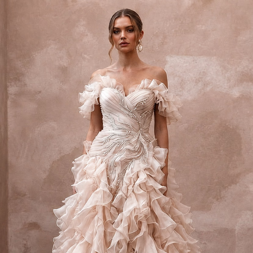 Romantic Blush Organza Ruffle Dress for Cliffside Vow Renewal - Apparel & Accessories > Clothing > Wedding & Bridal Party Dresses > Wedding Dresses - Mignonette Bridal