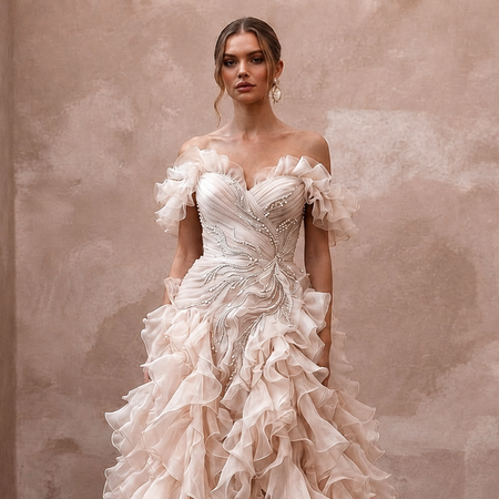 Romantic Blush Organza Ruffle Dress for Cliffside Vow Renewal