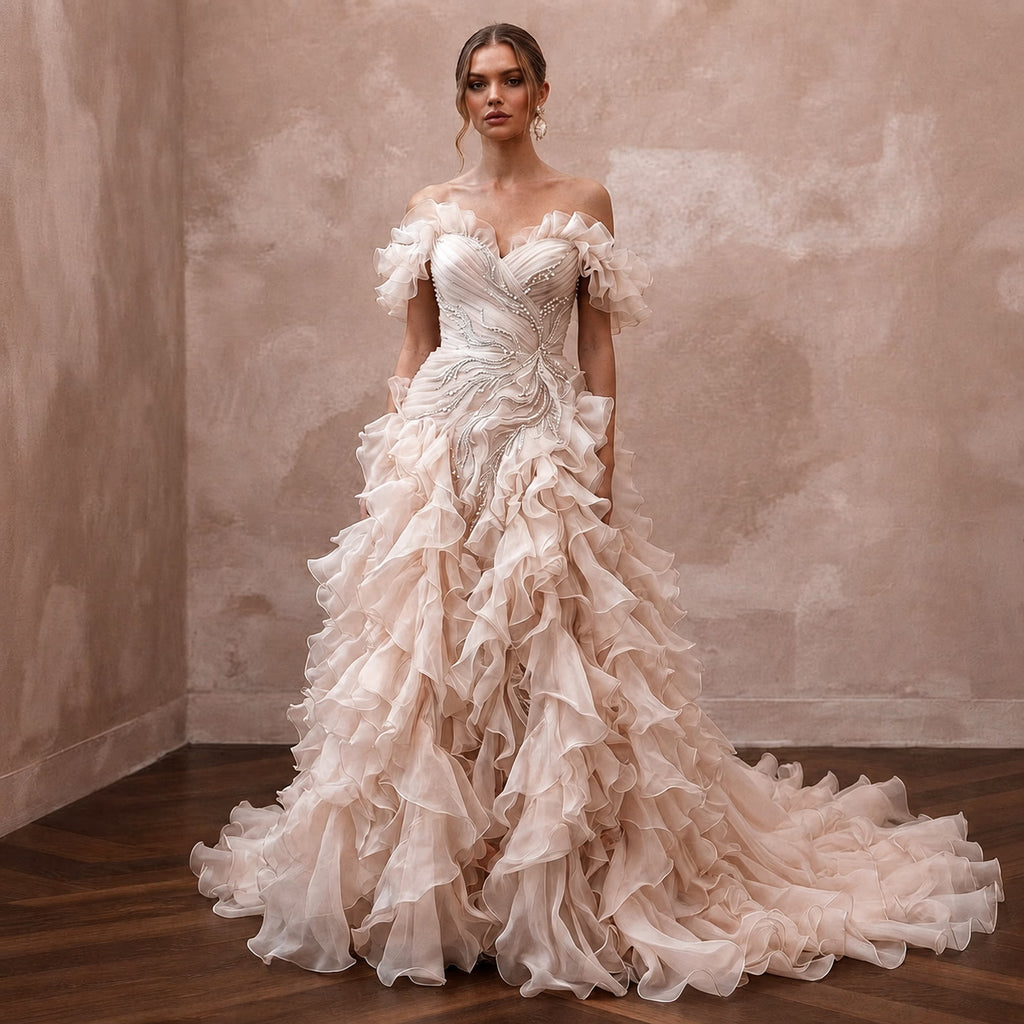 Romantic Blush Organza Ruffle Dress for Cliffside Vow Renewal - Apparel & Accessories > Clothing > Wedding & Bridal Party Dresses > Wedding Dresses - Mignonette Bridal