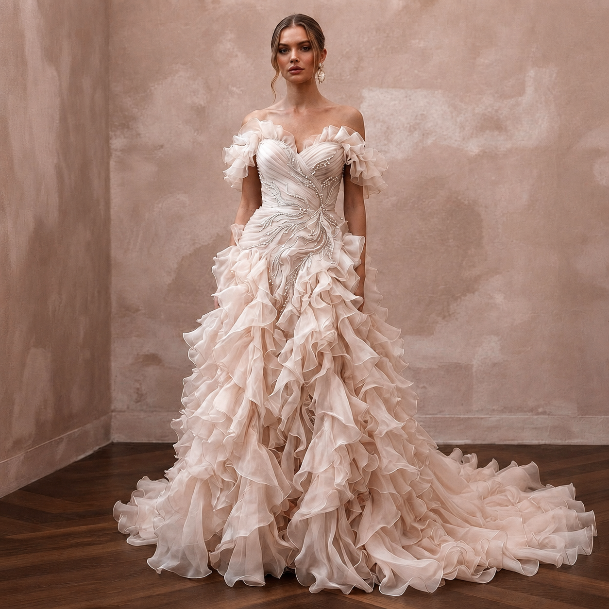 Romantic Blush Organza Ruffle Dress for Cliffside Vow Renewal