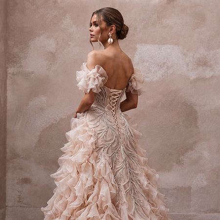 Romantic Blush Organza Ruffle Dress for Cliffside Vow Renewal - Apparel & Accessories > Clothing > Wedding & Bridal Party Dresses > Wedding Dresses - Mignonette Bridal