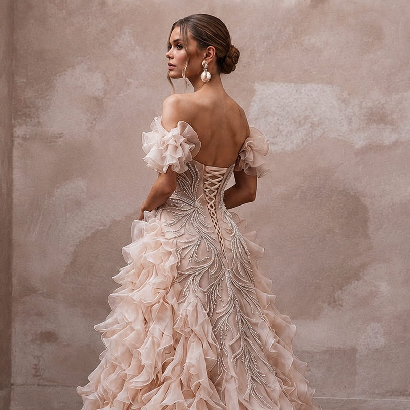Romantic Blush Organza Ruffle Dress for Cliffside Vow Renewal