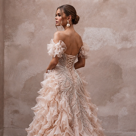 Romantic Blush Organza Ruffle Dress for Cliffside Vow Renewal