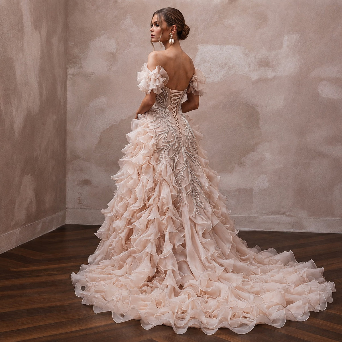 Romantic Blush Organza Ruffle Dress for Cliffside Vow Renewal - Apparel & Accessories > Clothing > Wedding & Bridal Party Dresses > Wedding Dresses - Mignonette Bridal