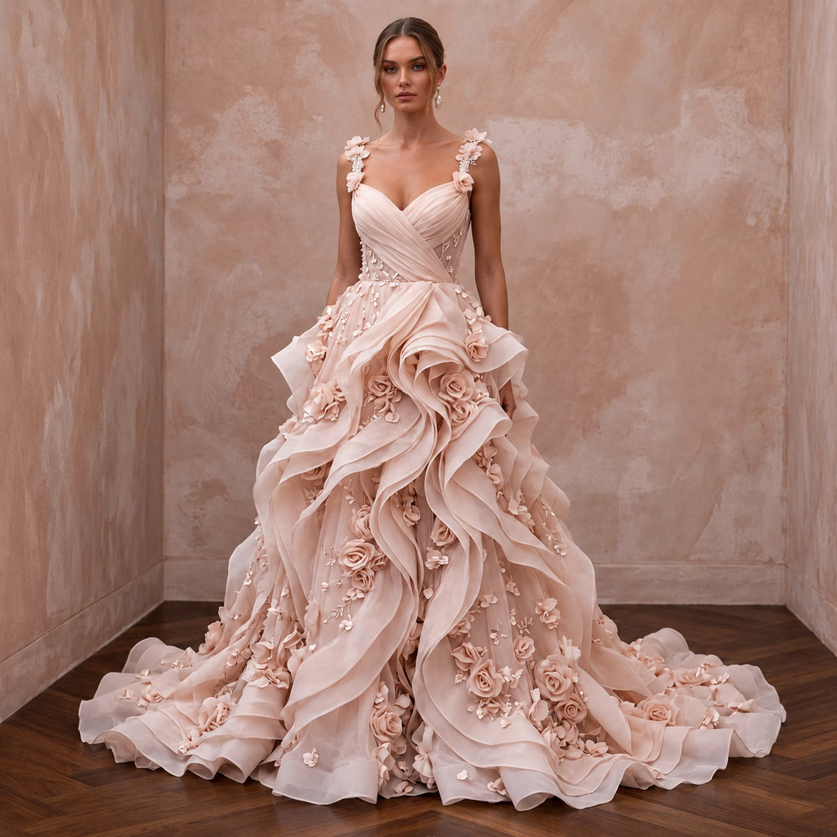 Romantic Blush Organza Ruffle Wedding Dress for Cliffside Vow Renewal