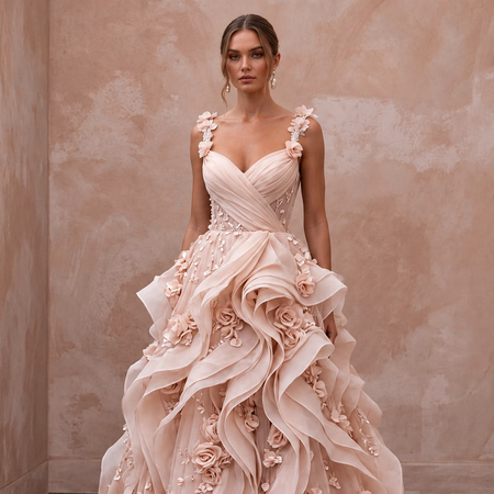 Romantic Blush Organza Ruffle Wedding Dress for Cliffside Vow Renewal