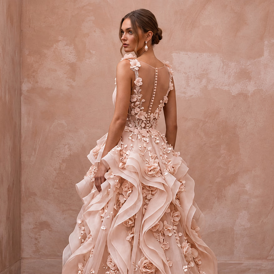 Romantic Blush Organza Ruffle Wedding Dress for Cliffside Vow Renewal